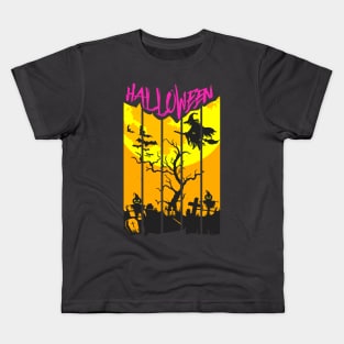 Halloween flying witch with broom Kids T-Shirt